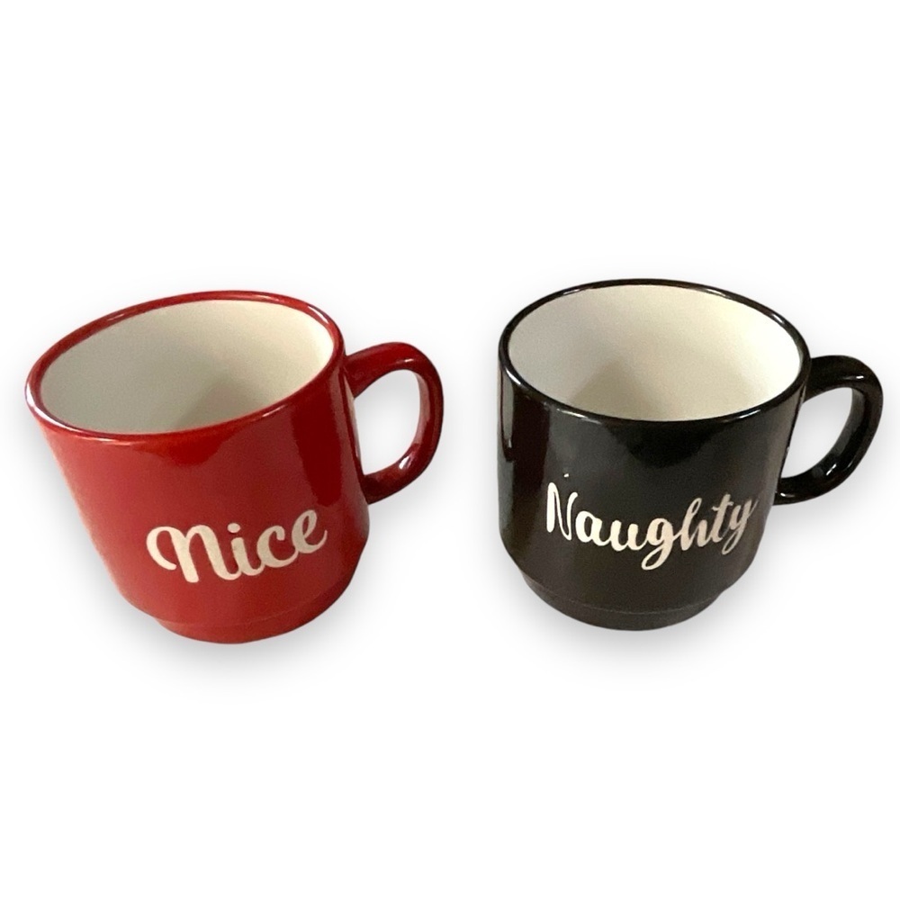 Christmas Mugs Set Naughty Nice Black Red Stackable‎ Coffee Cups Ceramic